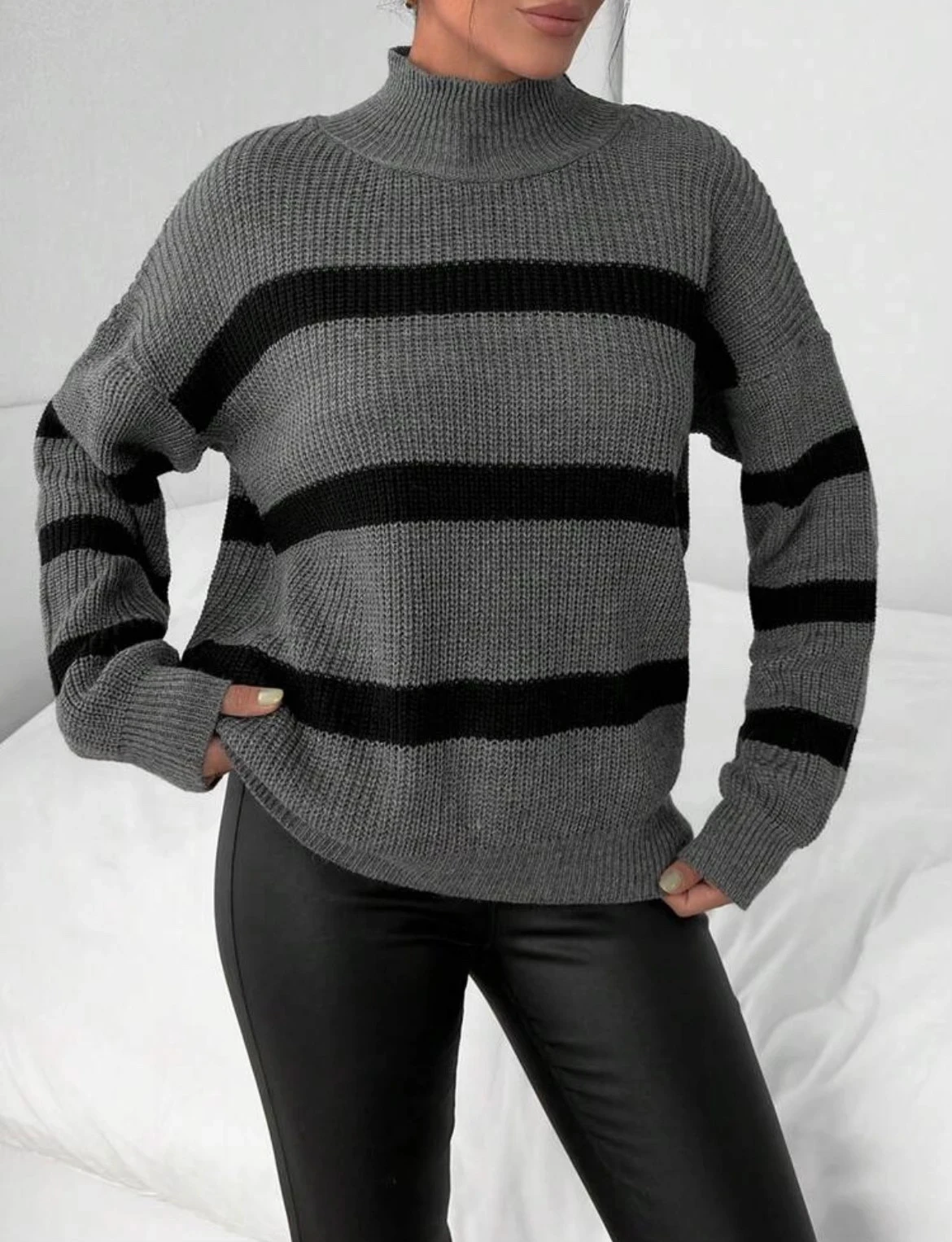 Grey & Black Striped Sweater, Mock Neck & Cozy Fit
